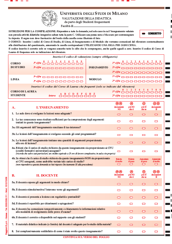 Allegato 1 Questionario unico di Ateneo per la valutazione