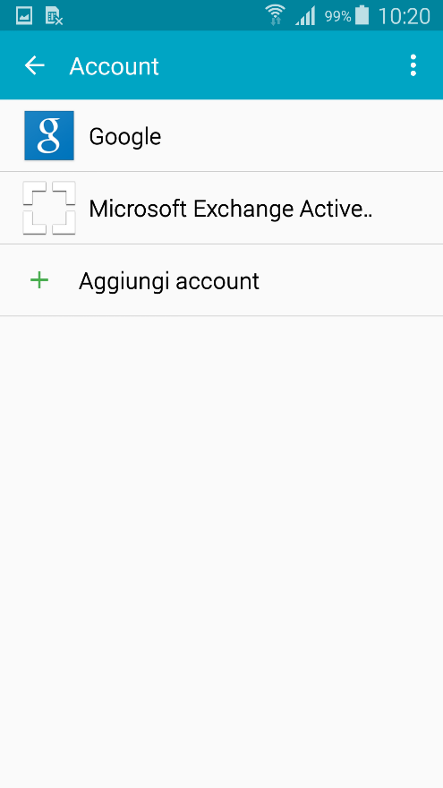 - Cliccare su Account - Cliccare su Microsoft Exchange ActiveSync AreaIT -