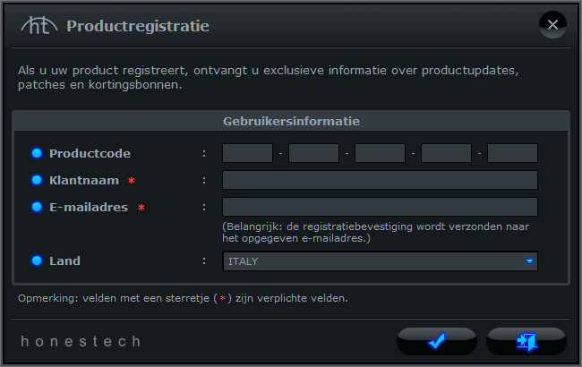 14. honestech 4. Registrazione del prodotto Completare il modulo di registrazione per ricevere informazioni esclusive tramite e-mail in merito ad aggiornamenti del prodotto, patch e buoni sconto.