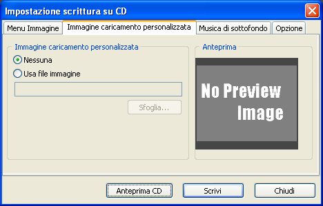 Impostazione scrittura su CD - scheda Immagine caricamento personalizzata Selezionare l immagine per il menu di EPSON Photo Memory Player dalla scheda Immagine caricamento personalizzata.