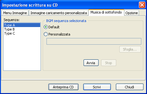 Impostazione scrittura su CD - scheda Musica di sottofondo Selezionare la musica di sottofondo per EPSON Photo Memory Player dalla scheda Musica di sottofondo.