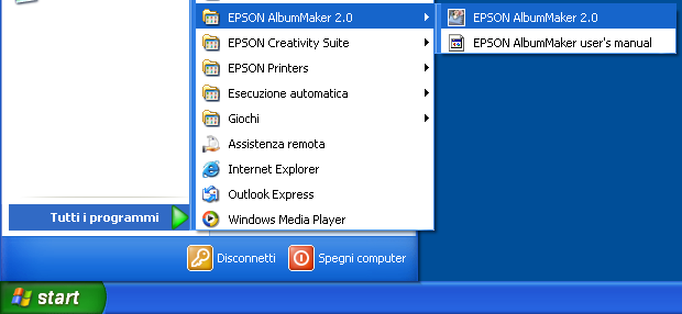 Avvio e chiusura di EPSON AlbumMaker In questa sezione viene descritto come avviare e chiudere AlbumMaker. Avvio di EPSON AlbumMaker Di seguito viene descritto il metodo di avvio per Windows XP.