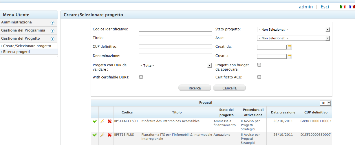 Esempio di schermata principale dell utente beneficiario Finestra principale lista dei progetti disponibili e filtro per la ricerca dei progetti Nome utente Log out Menu