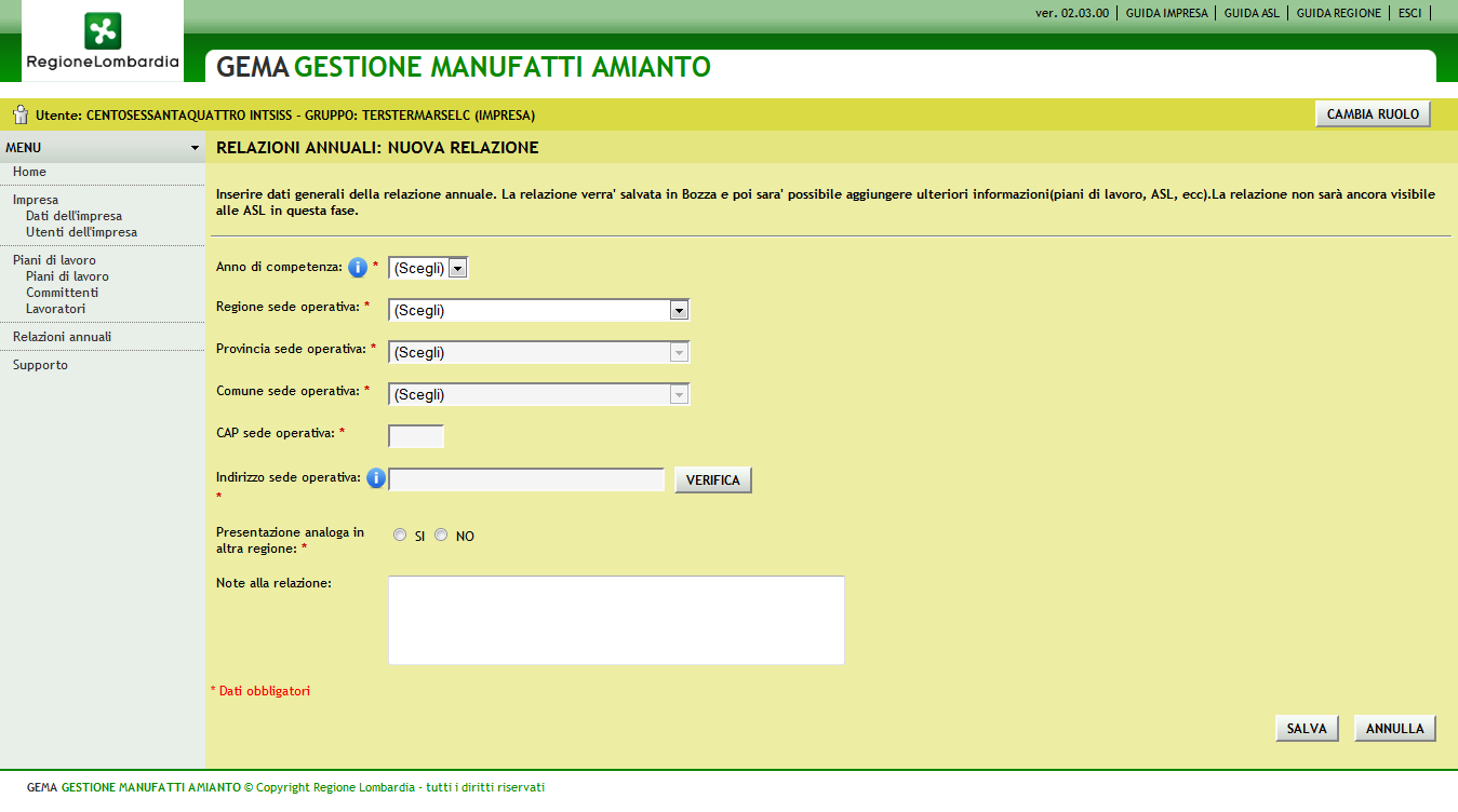 Figura 25 Inserimento relazione annuale In questa schermata è possibile inserire anche una nota relativa alla relazione annuale, questo campo non è obbligatorio.