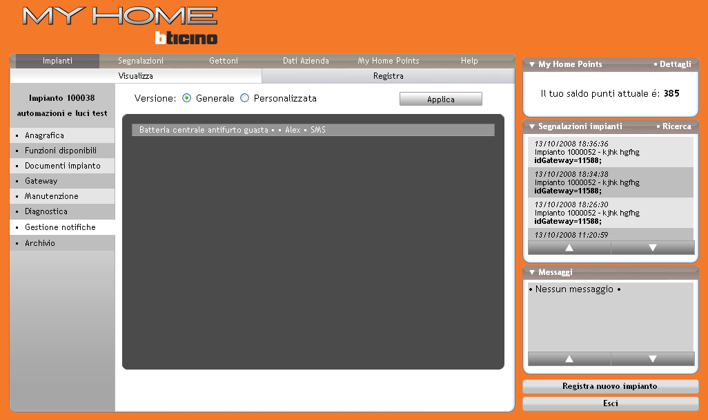 My Home Web - Area Professionisti 34 6 Gestione Impianti Registrati 6.