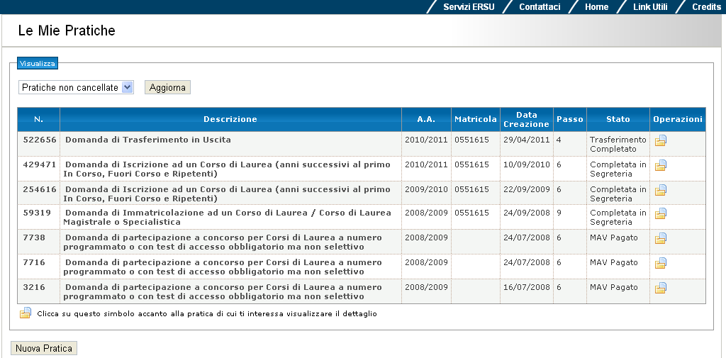 Le mie Pratiche Visualizzazione delle pratiche già avviate dallo studente Stato di una