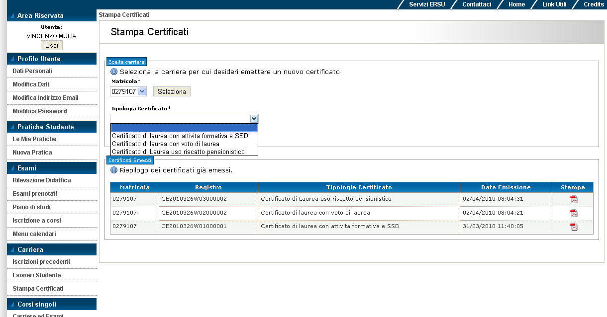 Stampa Certificati Disponibile se è attivo