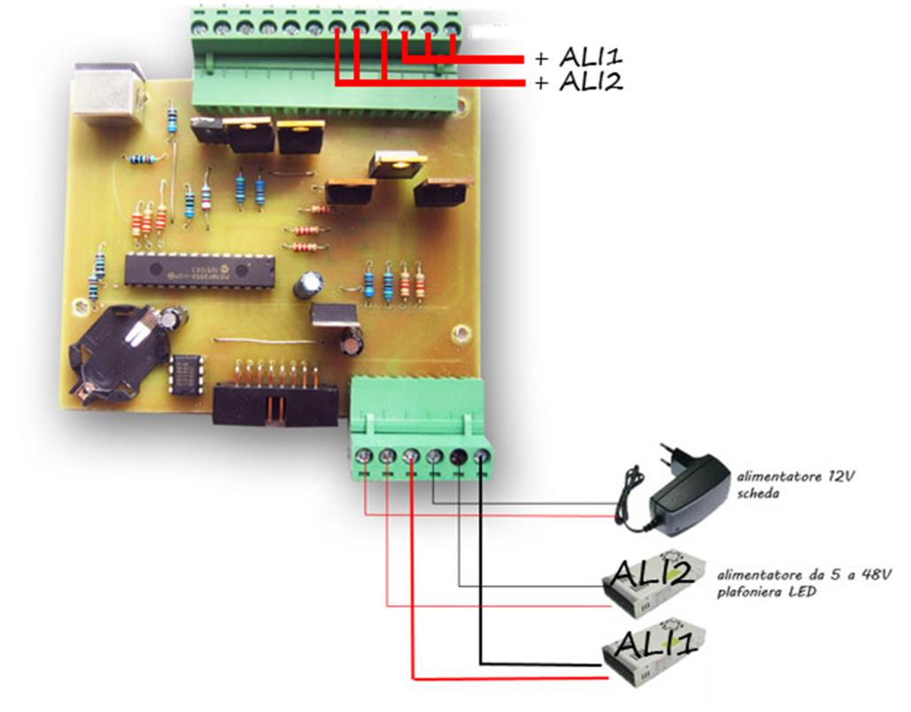 Installazione: Se necessario è possibile collegare alla scheda 2 alimentatori anche con tensioni differenti, i primo(ali1)a partire da destra del