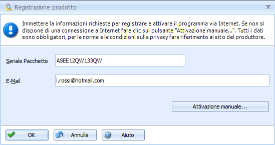 2.10 15 Attivazione della licenza d'uso Alla prima esecuzione di PrivacyAccessReport compare la finestra di registrazione del programma: Per potere attivare la licenza d'uso di PrivacyAccessReport è