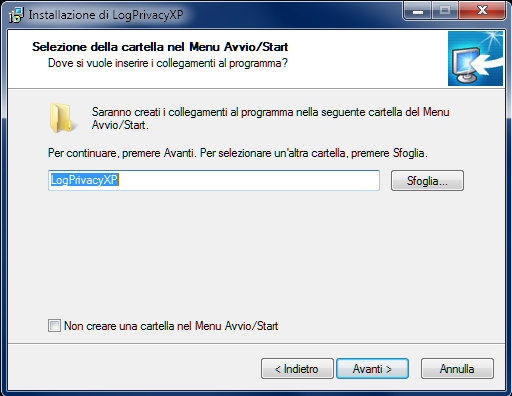 10 2.5 Fase 5: Selezione della cartella nel menù di Avvio/Start In questa fase l'operatore può decidere dove creare i collegamenti nel menù AVVIO/START di Microsoft Windows.