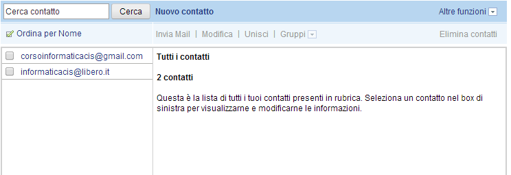 Cliccando poi sul pulsante Tutti i contatti ci torveremo di fronte alla schermata dove sono presenti tutti i nostri contatti.