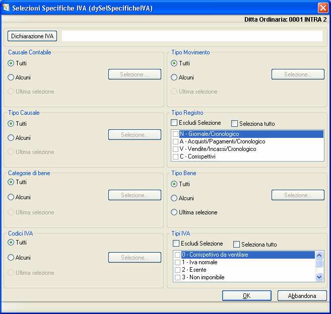 Le impostazioni automatiche sono le seguenti: - nel riquadro Registrazioni il Periodo viene impostato da 01/01/2015 a 31/12/2015; - nel riquadro Esponi Dati il box di selezione IVA viene impostato