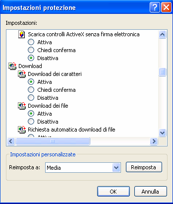 MySidel application portal Aprire Protezione, cliccate su Livello personalizzato. Apparirà una finestra di dialogo che vi permetterà di attivare e disattivare alcune funzioni di protezione.