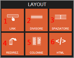 1. Link 2. Linee divisorie 3. Spaziatori 4. Redirezionamento al sito desktop 5. Colonne 6.