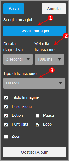 Scegliere il tipo di transizione (a dissolvenza, senza alcun effetto, ecc.