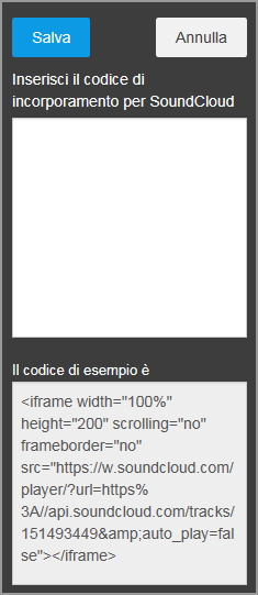 Il Widget sarà visibile nel sito web come da immagine che segue (in base ai parametri impostati come nell esempio) Widget SoundCloud Grazie al Widget SoundCloud, è possibile inserire collegamenti a