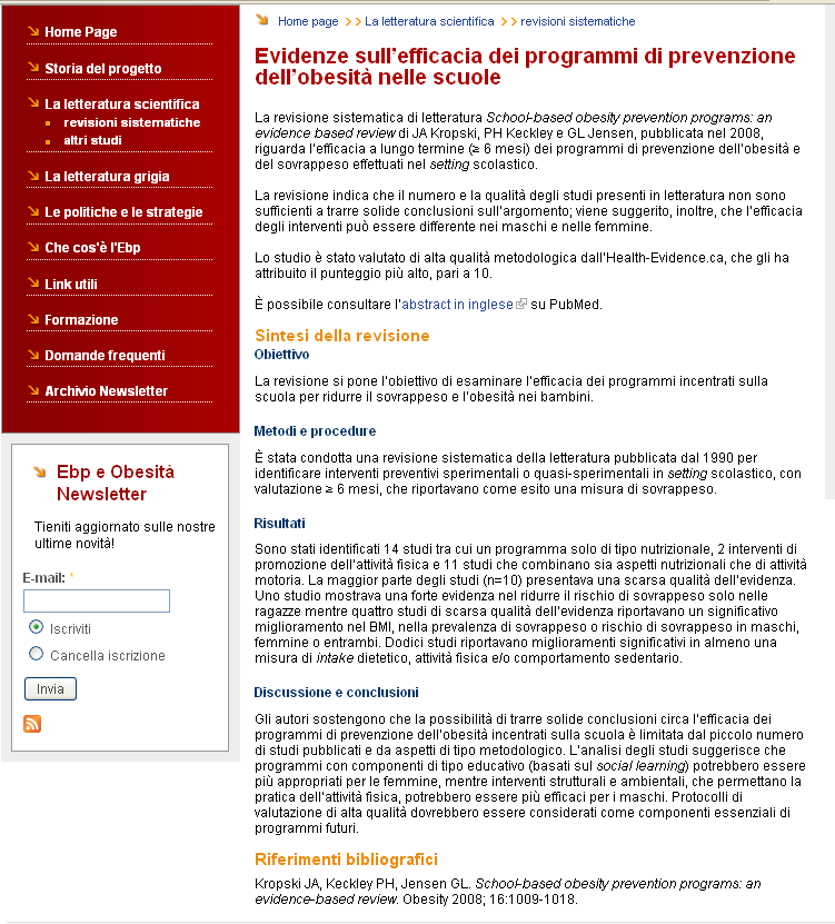 Le sezioni del sito Vengono indicati i principali contenuti del documento, i riferimenti bibliografici, i link utili per accedere al full-text, se