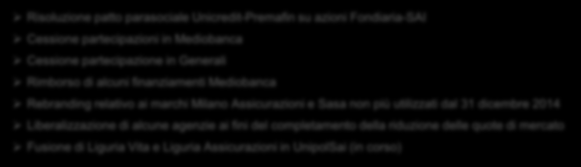 2 Completamento prescrizioni AGCM Cessione del ramo d azienda ex Milano 14 gennaio 2014 21 gennaio 2014 15 marzo 2014 30 giugno 2014 31 dicembre 2014 Allianz S.p.A. presenta una proposta per l acquisizione di alcune attività assicurative della ex Milano Assicurazioni S.