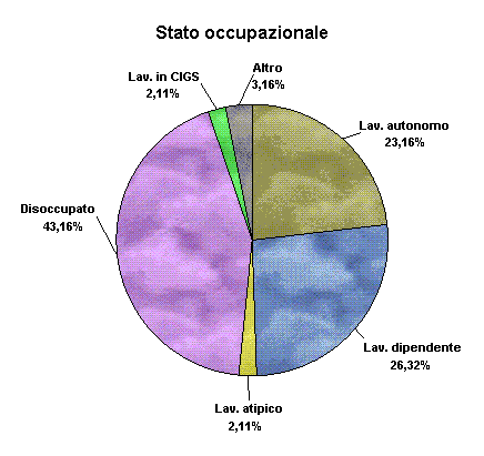 Stato occupazionale dell'utente Lav. autonomo 22 23,2 Lav. dipendente 25 26,3 Lav. atipico 2 2,1 Disoccupato 41 43,2 Lav. in CIGS 2 2,1 Altro 3 3,2 95 100,0 a.