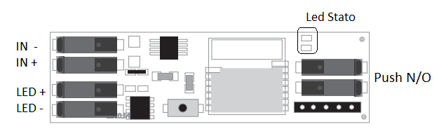 LAYOUT SCHEDA (FIG. 2 Layout scheda) PUSH N/O: Terminali a innesto rapido (18-24AWG) per la connessione del pulsante N/O (massima distanza 10cm da MPD-1CV BLE) per il controllo del dimmer.