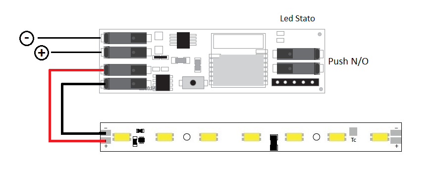 (FIG. 4 Collegamento modulo led a MPD-1CV BLE) La connessione agli illuminatori deve essere effettuata utilizzando i
