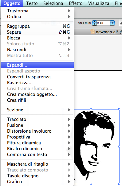 A questo punto devo eseguire un ultima operazione per fissare sull immagine l effetto che ho applicato. Seleziono la figura e dal menù Oggetto clicco su Espandi (fig.