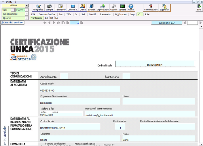 Alcune funzioni disponibili: Gestione CU per la creazione guidata delle Certificazioni dei Percipienti e la predisposizione dei quadri DA contenenti i dati anagrafici del sostituto e del percettore