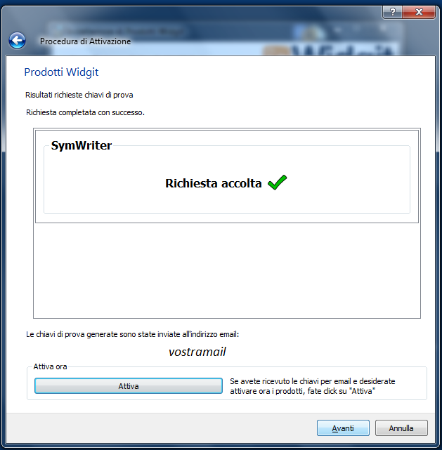 a) Se il vostro computer è connesso ad Internet: 7. Fate click sull opzione Desidero richiedere una chiave di prova per questo prodotto ; fate click su Avanti. 8.