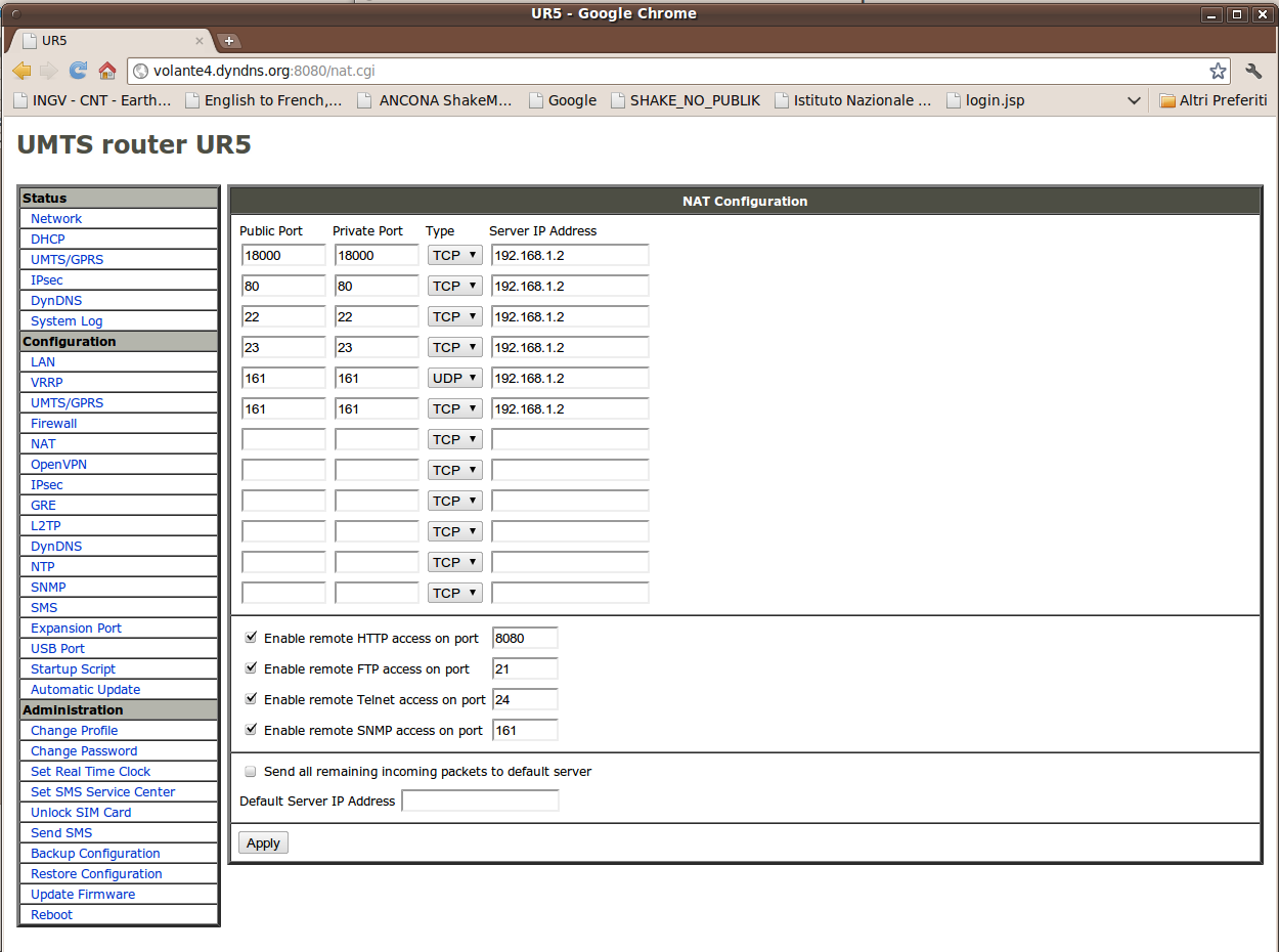 Differenza principale nella configurazione dei router UR5 UMTS: il NAT Gaia2 Porta acquisizione dati: seedlink Porta html per home page GAIA Porta gestione stazione e debug: ssh Porta gestione