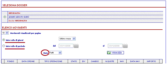 7.2.2 Consultazione ordini In relazione ai Dossier Titoli presenti, da questo comparto è possibile consultare gli ordini inoltrati in merito agli investimenti in Fondi.