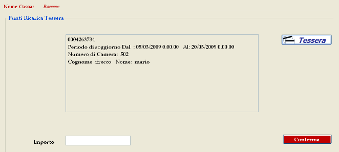 Ricarica Premendo il pulsante tessera e passando la tessera rfid sopra il lettore, dopo il segnale acustico, appariranno i dati relativi al cliente.