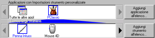 ELENCHI DEL PANNELLO DI CONTROLLO Posizionati nella parte superiore del pannello di controllo, l'elenco DELLE APPLICAZIONI e l'elenco DEGLI STRUMENTI consentono di creare impostazioni diverse per gli