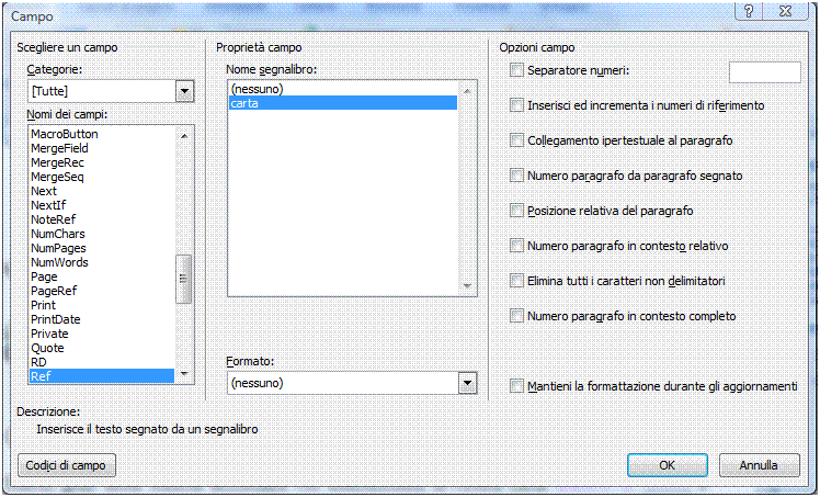 54 AM3 Elaborazione testi livello avanzato per l inserimento del campo REF - Selezionare il comando Campo dal menu Inserisci. - Selezionare il campo REF. - Selezionare il Segnalibro.