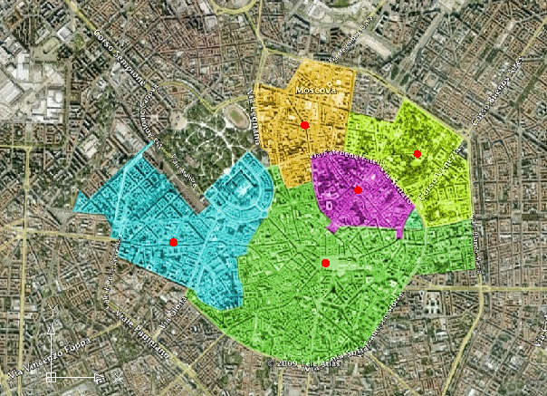 DISTANZE Nell immagine sotto è stato indicato un centro fisico di zone per ognuna delle 5 zone identificate.