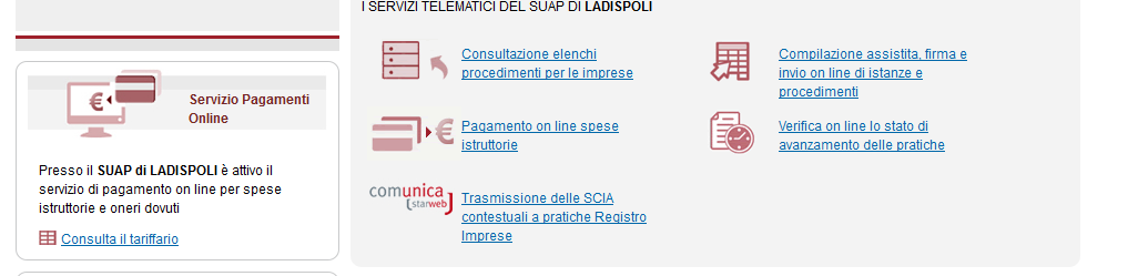 Pagamento online oneri SUAP (in sperimentazione) Tra i servizi essenziali che il SUAP deve assicurare alle imprese è previsto il pagamento online degli oneri connessi ad una pratica (d.p.r. 160/2010 art.