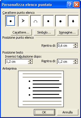 Elenco puntato e numerato Cliccare su formato, e poi su elenco puntato e numerato e quindi si apre la finestra accanto. Selezionare il puntatore desiderato e fare clic su personalizza.