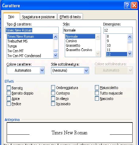 Finestra Carattere dal menu Formato Con questa finestra è possibile