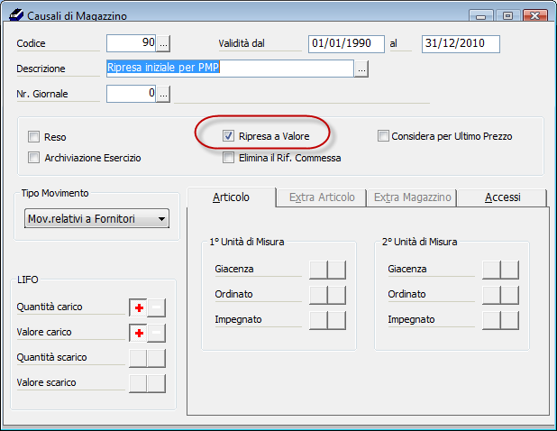 E necessario indicare la data di registrazione del movimento che verrà generato (tipicamente il primo giorno dell esercizio).