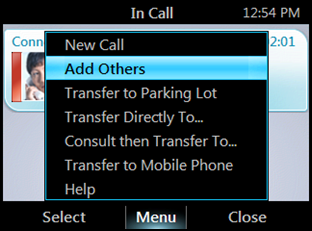 partecipanti. Per trasformare una chiamata in una chiamata in conferenza: 1 Dalla schermata Chiamata in corso, selezionare Menu, quindi selezionare Aggiungi altri.