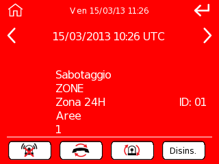 Schermata segnalazione allarmi o sabotaggi Se si verifi ca un evento di anomalia o sabotaggio appare la seguente schermata. 1 2 3 1. Scorrimento eventi 2. Data/Ora in cui si è verifi cato l evento. 3. Comando Stop allarmi 4.