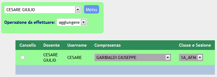 In Assegnazione compresenze/sostegno si assegnano le compresenze di docenti su altri docenti Docente a cui assegnare la compresenza Docente compresente Classi del docente principale a