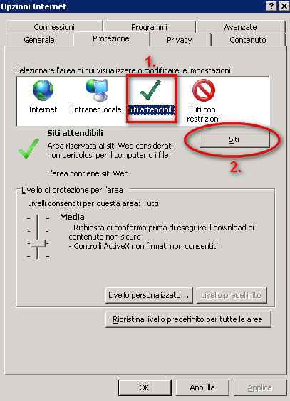 Cliccare quindi sull icona Siti attendibili ( Trusted sites nella versione inglese), e