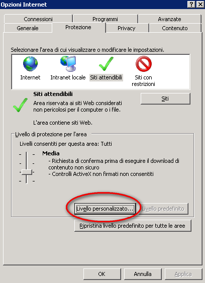 Tornati alla finestra Opzioni Internet, cliccare sul pulsante