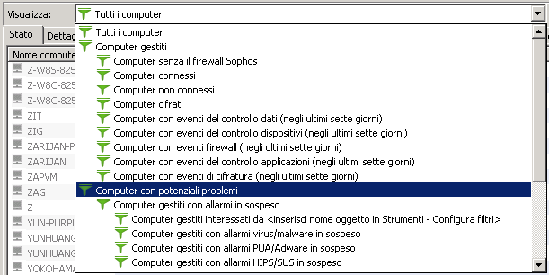 Sophos Enterprise Console 2. Nel menu a discesa Visualizza, selezionare quali computer si desidera trovare, per es. Computer con potenziali problemi.