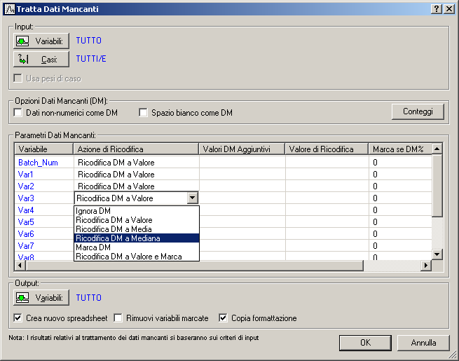 Capitolo 2: Esempi Passo-Passo Le opzioni disponibili in Tratta Dati Mancanti (accessibile dal menu Filtra/Ricodifica, posto nella scheda Dati nel gruppo Trasformazioni) consentono all utente di