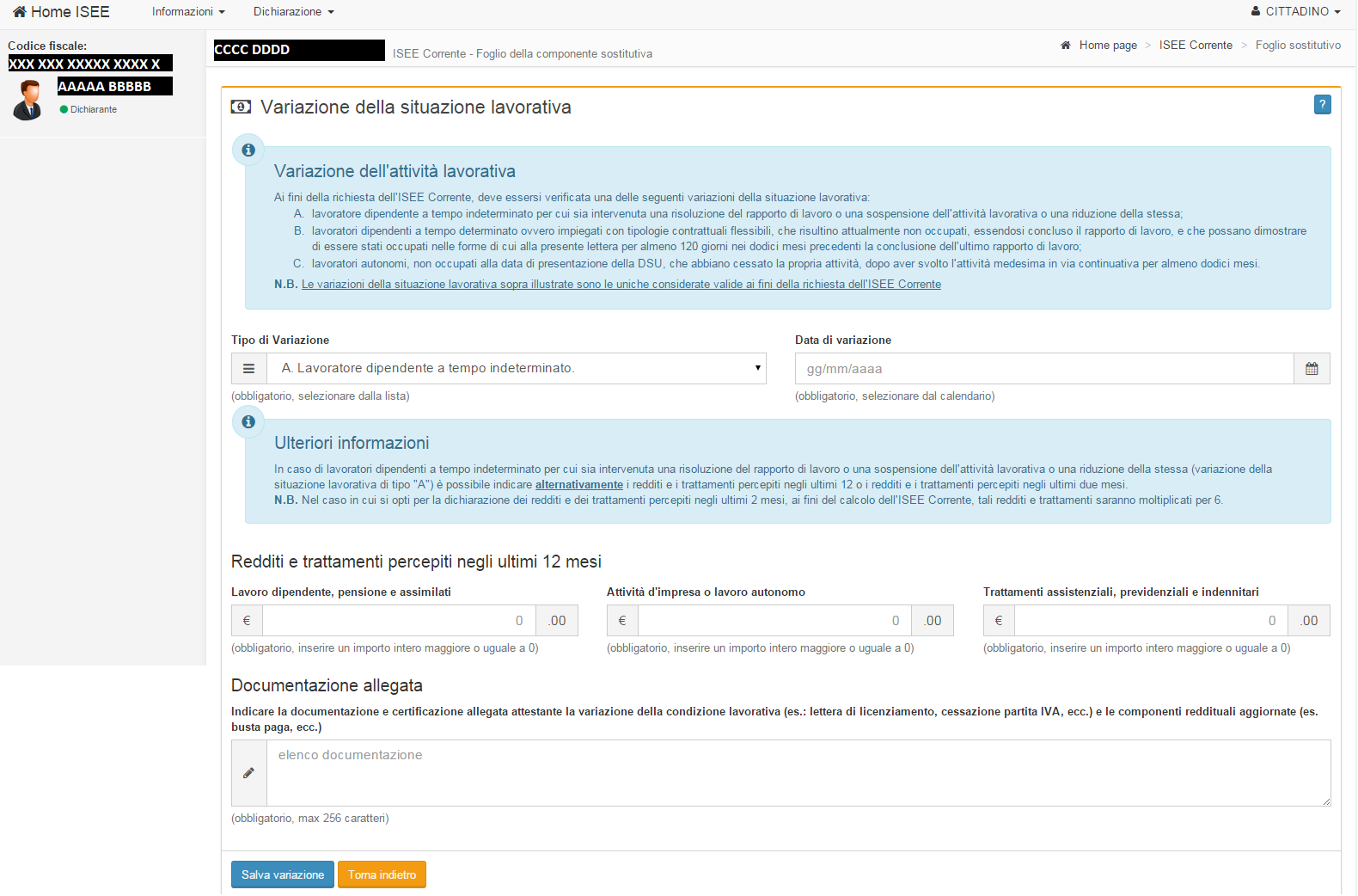 51 Al primo accesso le informazioni relative al tipo e alla data di variazione sono vuote, agli accessi successivi verranno visualizzate le informazioni impostate.