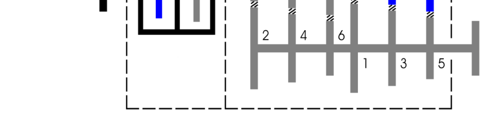 VERSIONE CON UNICO SECONDARIO: M: motore; A: trasmissione primaria; B: doppia frizione; C: albero primario marce pari; D: albero primario marce dispari; E: albero di uscita.