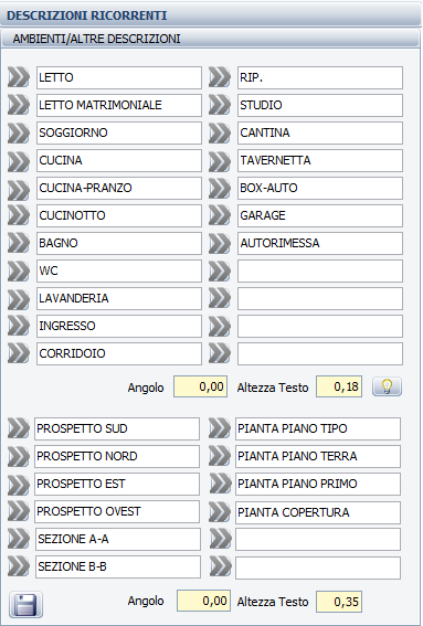 DESCRIZIONI RICORRENTI Questa funzione consente di inserire rapidamente i testi identificativi degli ambienti ed altri testi ricorrenti in una progettazione.