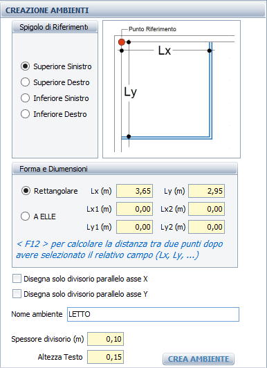 CREAZIONE AMBIENTI L area dedicata alla Creazione Ambienti si presenta nel seguente modo: In pratica questo sistema presuppone che sia stata già creata la muratura esterna perimetrale e provvede a