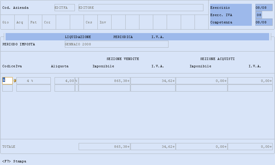 Visualizzazione Liquidazione IVA La funzione permette di simulare la liquidazione dell IVA per le operazioni assoggettate al regime Iva dell editoria.